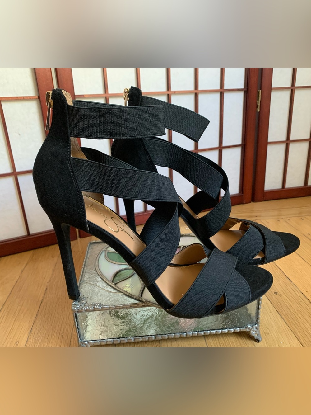 EUC JESSICA SIMPSON JULLRY Black Hi-Heel Back-Zip Elastic-Band Straps Size 10M - Picture 2 of 15